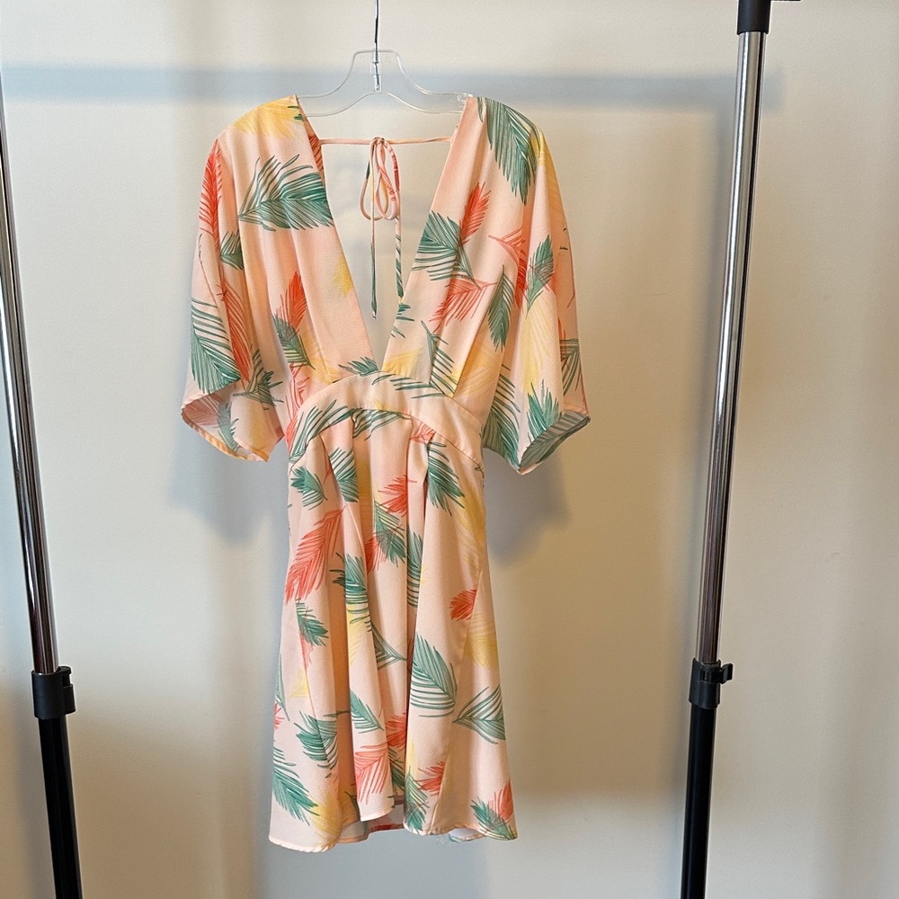 Peach Tropical Leaf V-Neck Mini Dress